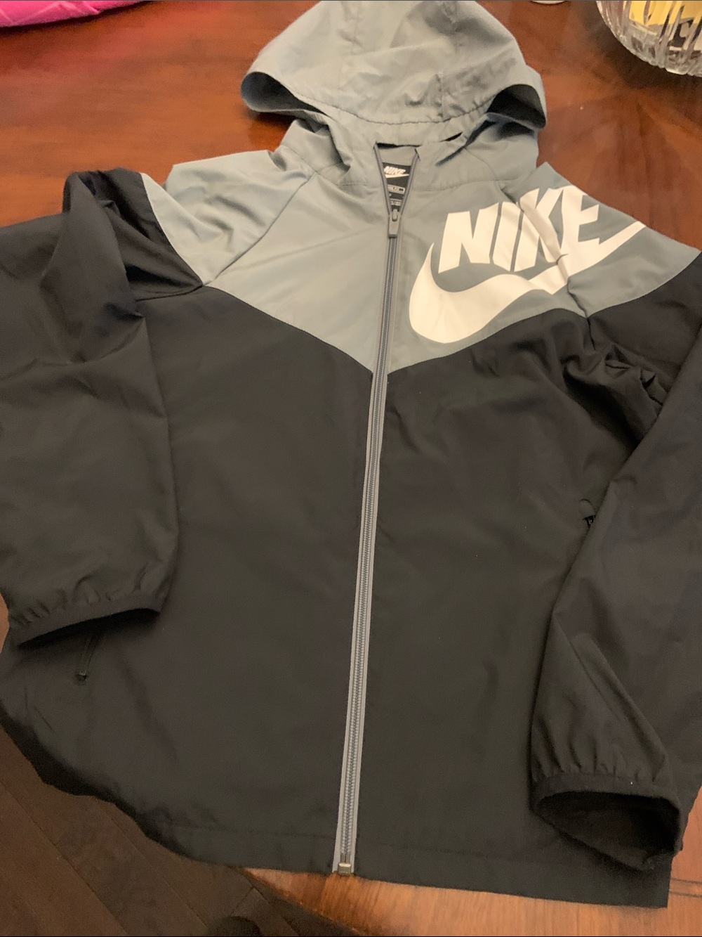 Nike Kids Black and Gray Hooded Jacket with White Logo